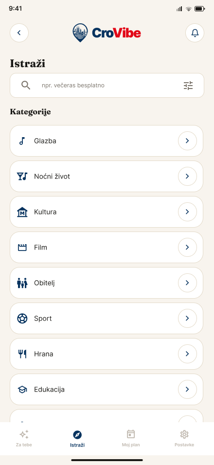Početni prikaz aplikacije CroVibe