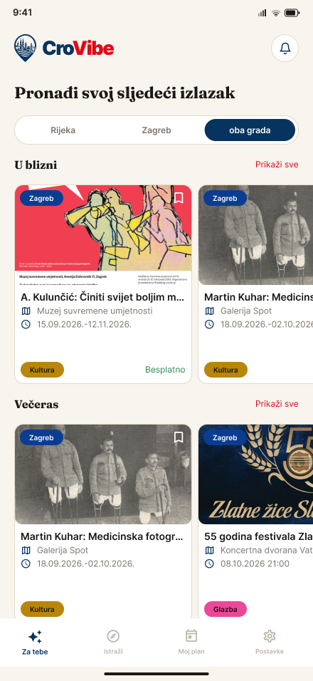 Prikaz pretraživanja i filtera u aplikaciji CroVibe