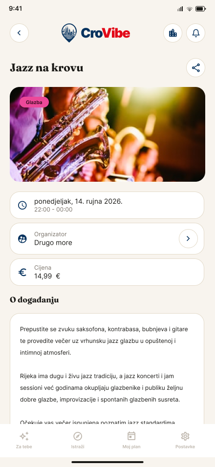 Prikaz spremljenog plana u aplikaciji CroVibe