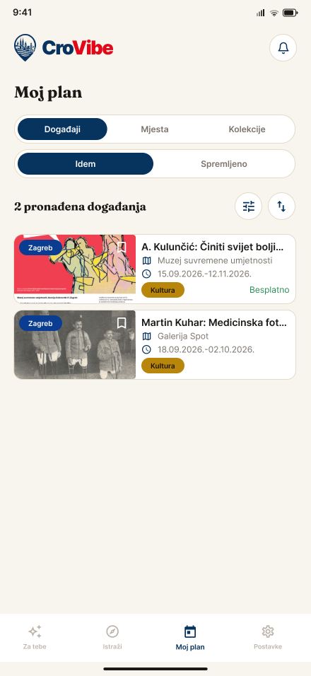 Prikaz mojih planiranih događanja u aplikaciji CroVibe